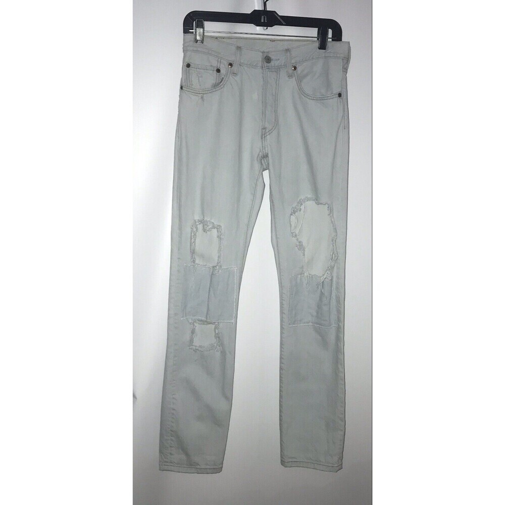 Levi's 501 Jeans Womens 26x32 Light Blue White Button Fly Distressed‎ Patch knee
